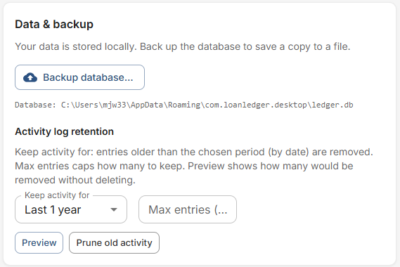 LoanLedger Windows - Settings (Data backup)