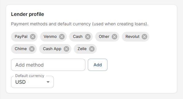 LoanLedger Windows - Settings (Lender profile)